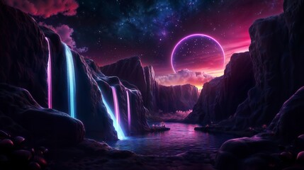 Fototapeta premium Dreamlike Alien Landscape With Vibrant Waterfalls Under a Starry Sky and Bright Moon