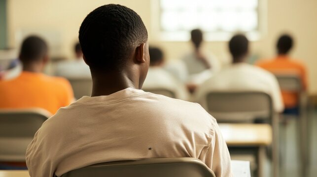 A prisoner sitting in a classroom, deeply engaged in writing as part of a reformative education program.