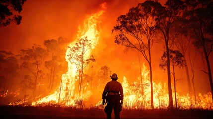 A firefighter stands against a backdrop of raging flames and smoke, highlighting the intensity and danger of wildfires.