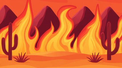 A dramatic desert scene featuring flames, mountains, and cacti, creating an intense and vibrant atmosphere.