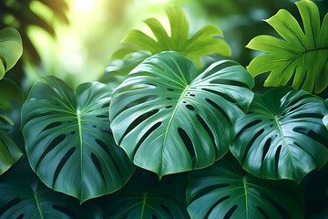 Lush Green Tropical Foliage Background with Monstera Deliciosa Leaves