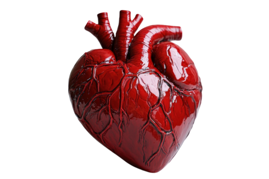 Heart sculpture made of vibrant red material isolated on transparent background
