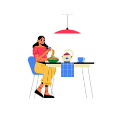 Woman Eating Salad At Table In Flat Vector Illustration Symbolizing Healthy Eating, Nutrition, And Lifestyle, Isolated On White Background