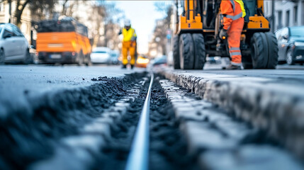 Create an image of a busy urban street with a focus on a worker as the protagonist Show the worker in safety gear performing microtrenching with a narrow trench be