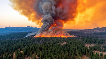 A wildfire spreads rapidly across a forest, producing thick smoke and bright flames against a dramatic sunset backdrop.