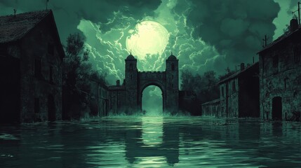 A Dramatic Moonlit Scene Featuring an Arched Stone Bridge Reflecting on Rippling Water Amidst Cloud-Filled Skies in a Serene Night Setting