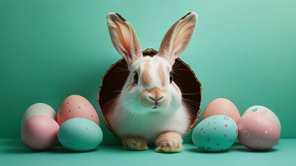 Rabbit peeking through surrounded Easter painted eggs. Holidays, spring Easter concept, copy space