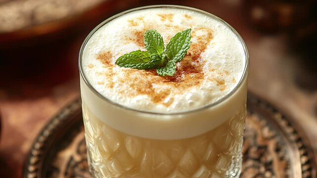 Traditional Persian doogh in an ornate glass, frothy top, mint garnish, with condensation, showcasing creamy texture and refreshing bubbles.