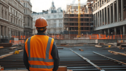 impressive view of site steel erector in London wearing reflective vests and hardhat in a construction site working