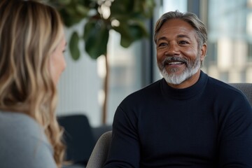 Naklejka premium This engaging image shows a smiling man sharing a warm conversation with a woman, emphasizing connection and happiness in a comfortable indoor setting with natural light.
