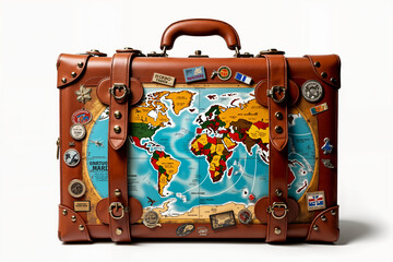 A vintage leather suitcase adorned with travel stickers and a world map, showcasing a well-traveled history.