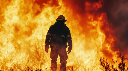 A firefighter stands against a backdrop of intense flames, symbolizing bravery and the battle against wildfires.