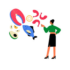 Obraz premium Woman Displaying Seafood Ingredients In Flat Vector Illustration Symbolizing Healthy Cooking, Nutrition, And Food Preparation, Isolated On White Background.