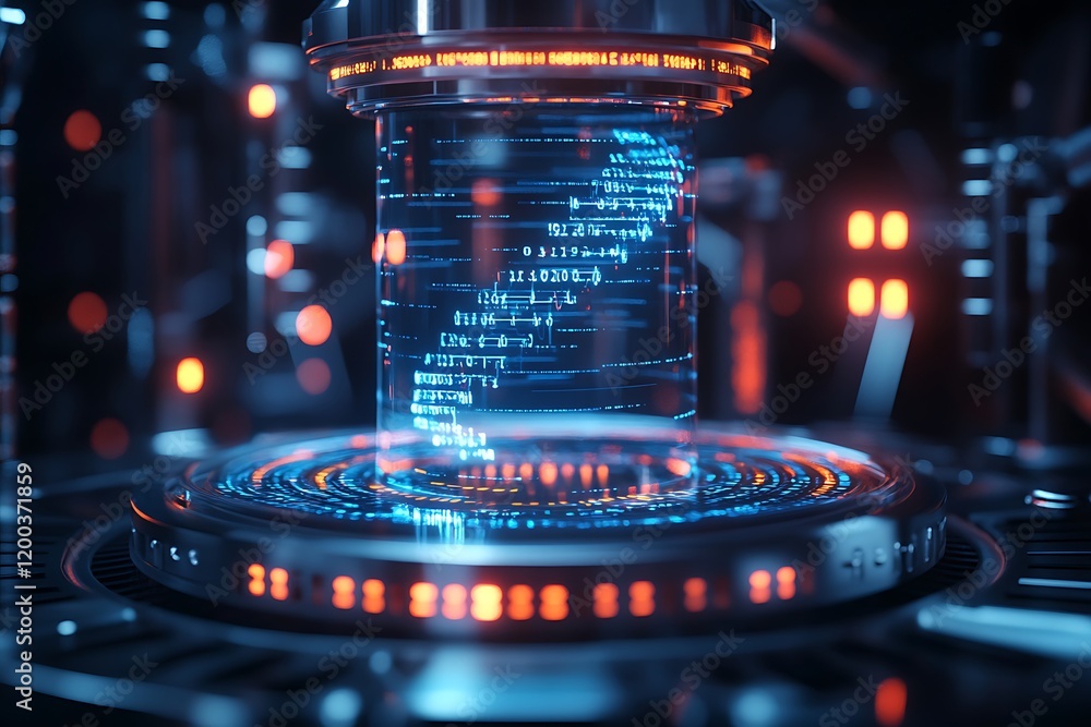 Poster futuristic data processing, digital code flows in a transparent cylinder, technology background, for