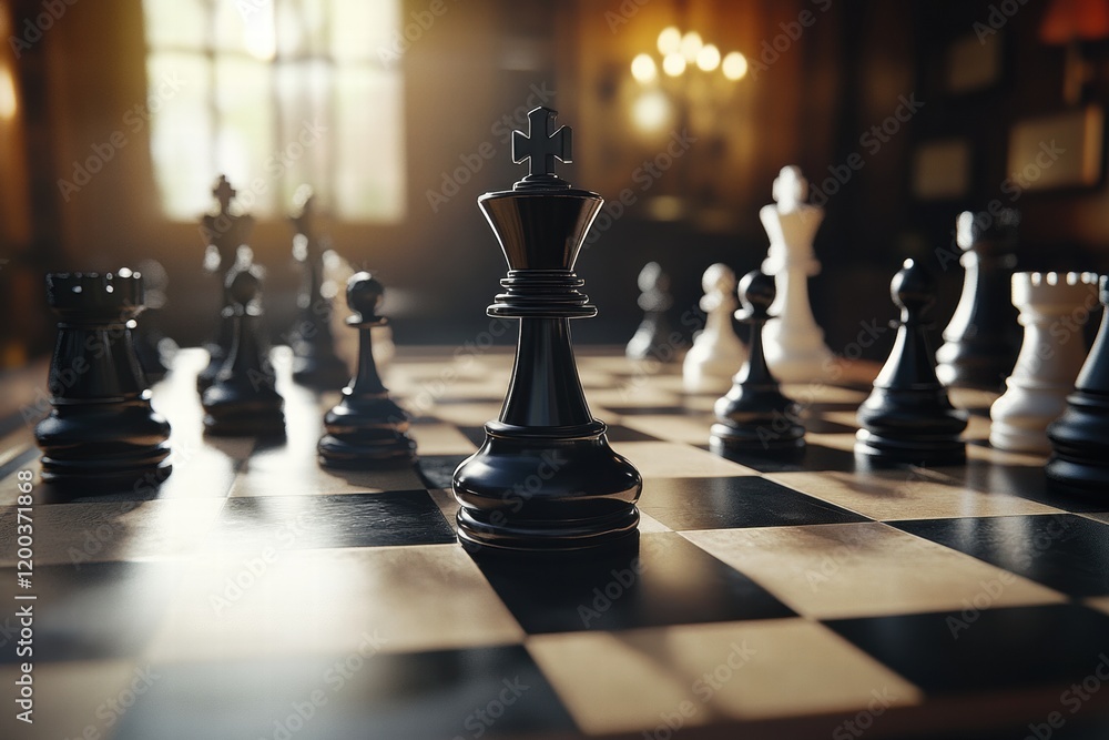 Poster Chess pieces arranged strategically on a board in a dimly lit room creating an atmosphere of intense focus. Generative AI