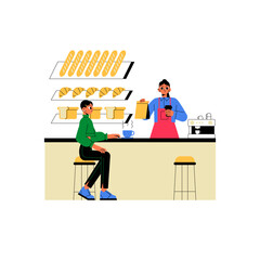 Bakery Counter With Bread And Female Baker Serving Coffee To Male Customer In Flat Vector Illustration Symbolizing Baking, Hospitality, And Customer Interaction, Isolated On White Background
