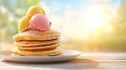 National Ice Cream for Breakfast Day Concept: Stack of pancakes topped with colorful ice cream against a sunny background.