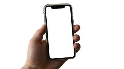 Mobile phone screen mockup in a protective case. Blank smartphone mockup scene with a hand holding the device, showcasing the display. Isolated on a white or transparent background.