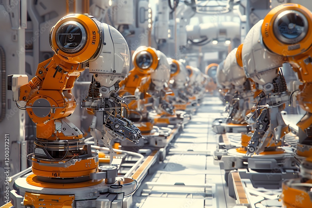 Poster futuristic robot assembly line; automated factory