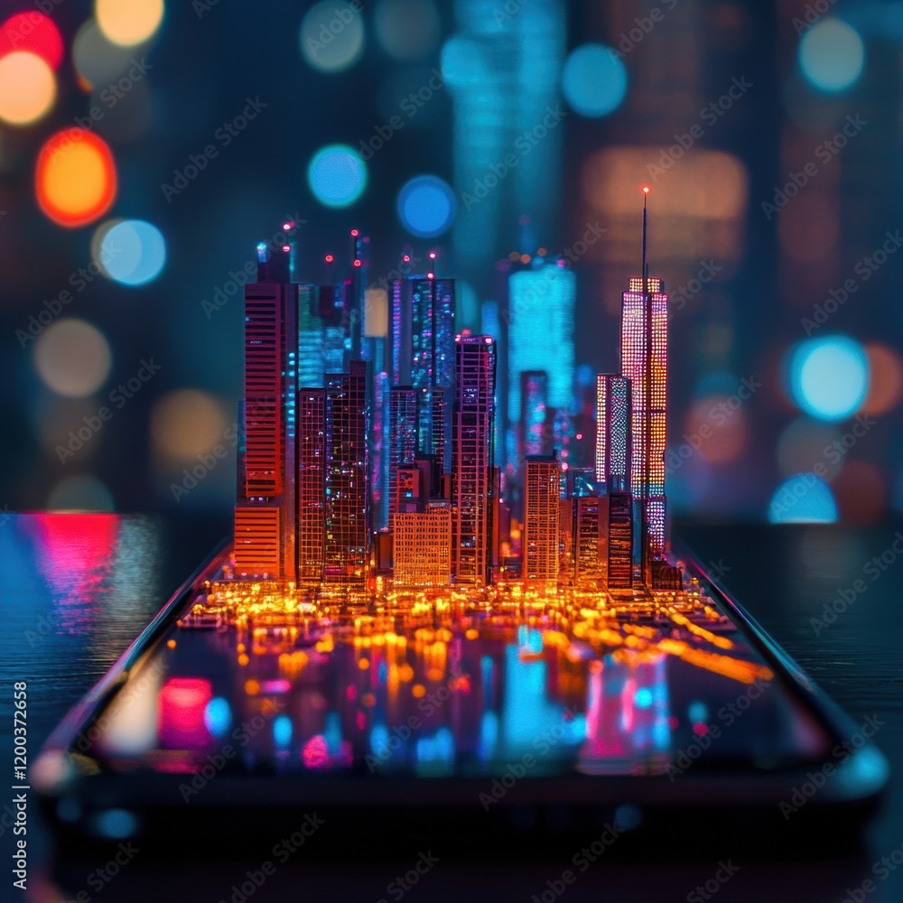 Poster tiny cityscape rises from a smartphone screen glowing brightly at night. generative ai