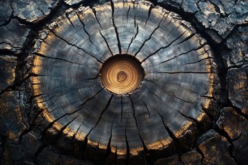 Fototapeta premium Detailed view of a dark, aged tree cross-section showing concentric rings and radial cracks, revealing the wood's natural texture and growth pattern.
