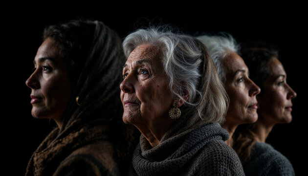 Four women of different ages and backgrounds pose in profile against a dark background, highlighting their expressions and unique features
