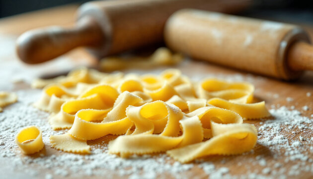 Fresh pasta laid out on a floured wooden surface with rolling pins in the background during a culinary session