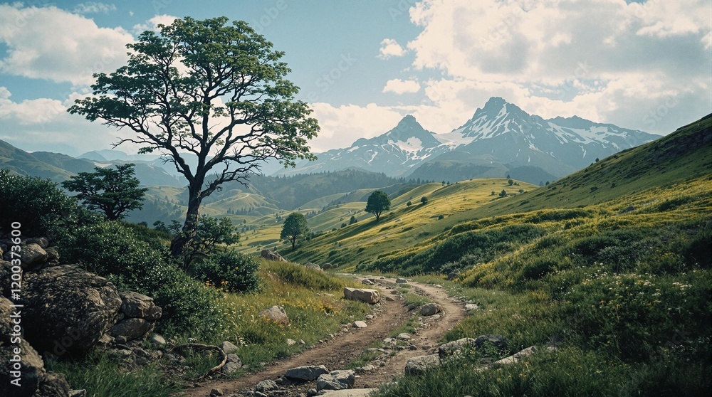 Poster landscape with a tree in the foreground, a dirt path leading into the distance, and a mountain range in the background under a partly cloudy sky.