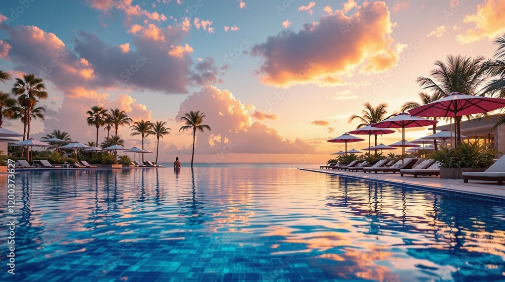 Poster beautiful beach scene with a large swimming pool in the foreground. The pool is surrounded by palm trees and colorful umbrellas, and the ocean can be seen in the background with a stunning sunset.