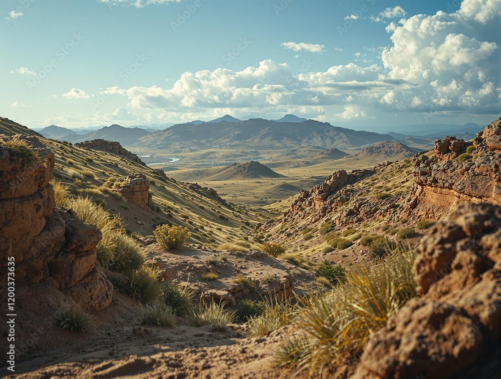 Poster a mountainous landscape with rocky terrain and a clear blue sky with some clouds. there is a path or