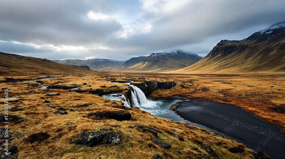 Poster a serene landscape with a waterfall flowing through a grassy field, surrounded by mountains and a cloudy sky. The environment appears to be a cold, high-altitude area with a calm and tranquil atmosphe