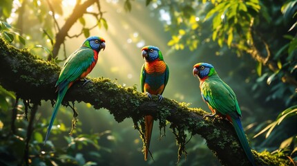 Obraz premium Three parrots, each with vibrant green and orange feathers, are perched on a tree branch surrounded by lush green foliage. The background is slightly blurred, emphasizing the parrots and the detailed 