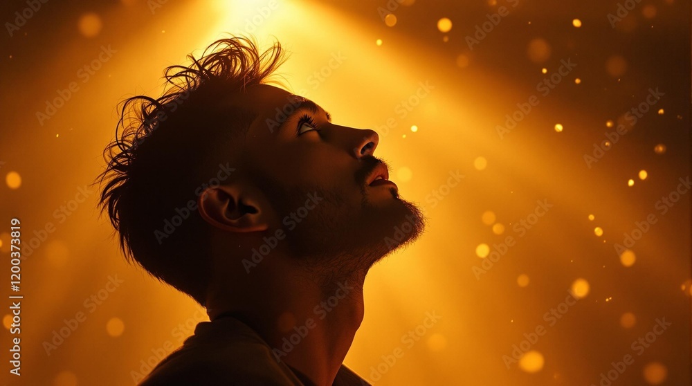 Poster a silhouette of a man looking upwards with a warm, golden light and sparkles illuminating the scene 