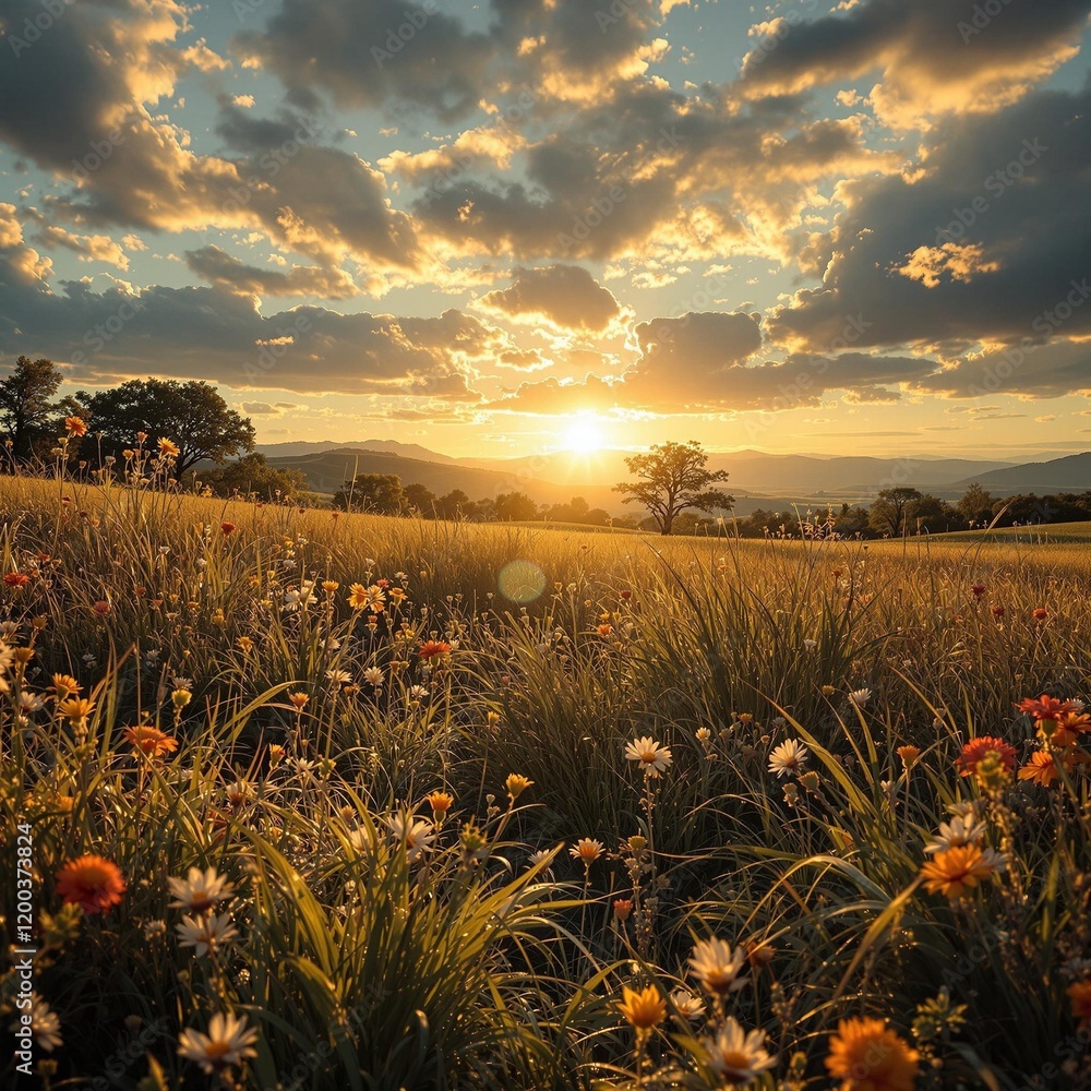 Poster a vibrant meadow filled with wildflowers against a backdrop of a setting sun, casting warm hues over