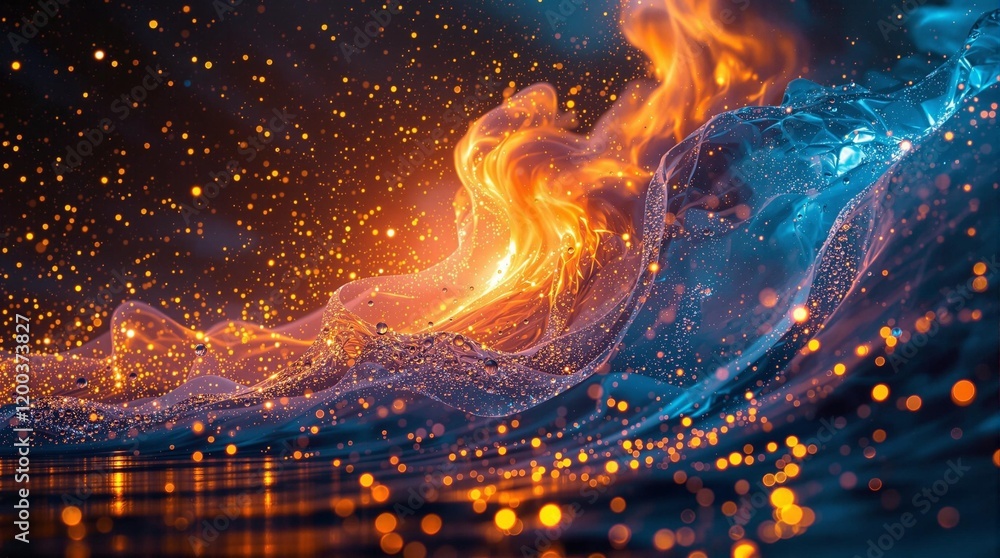 Aufkleber a digital artwork featuring a vivid, dynamic scene with swirling flames and a sparkling, cosmic nebu
