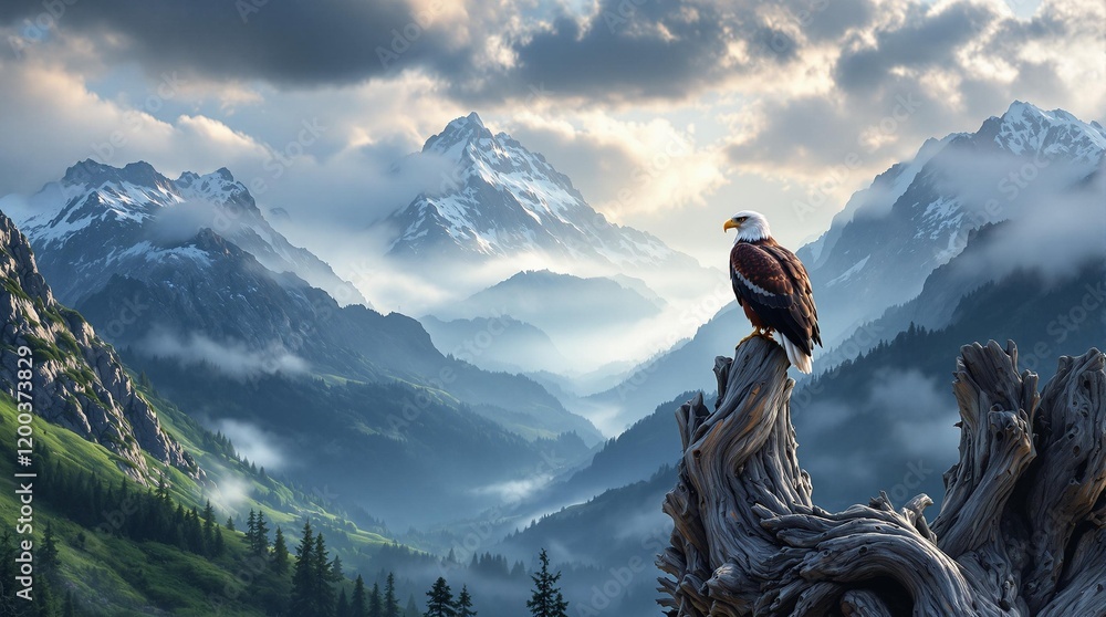 Aufkleber majestic bald eagle perched on a branch with a stunning mountainous landscape in the background, shr