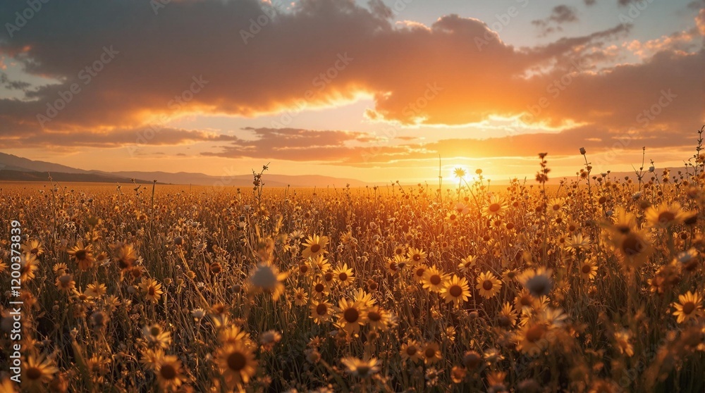 Poster beautiful sunset with clouds in the sky and a field of tall grass in the foreground. the colors of t