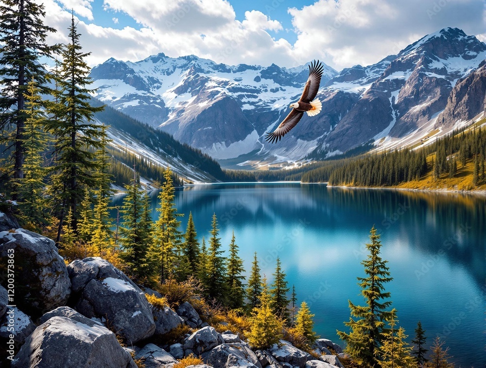 Poster scenic mountain landscape with a lake in the foreground, surrounded by evergreen trees and rocky terrain. A bird is captured in flight above the lake, adding a dynamic element to the serene setting.
