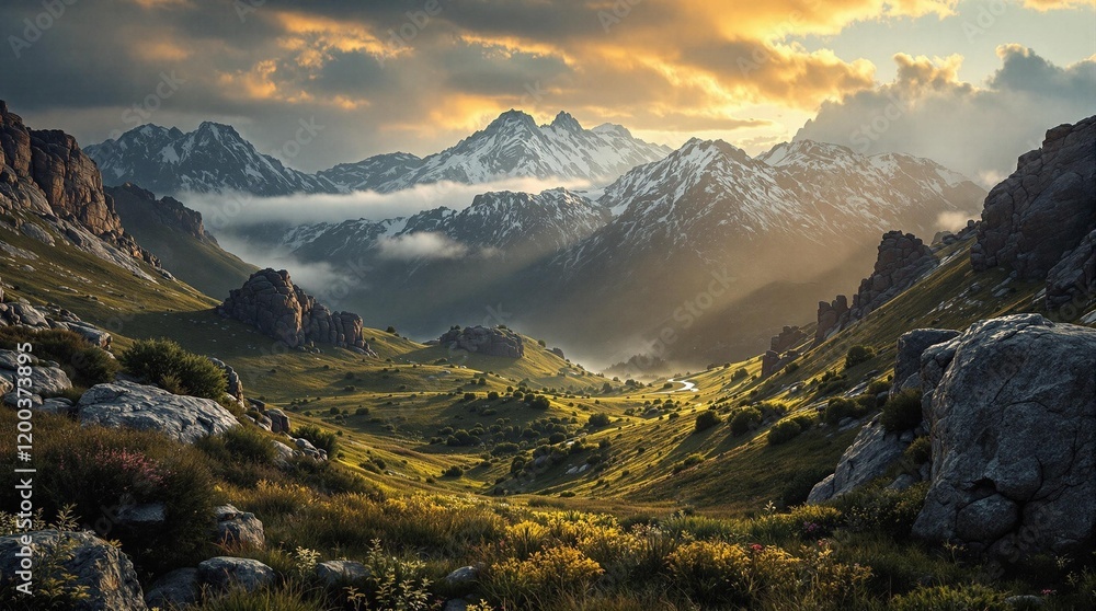 Poster beautiful landscape of the rocky mountains with snow on them. the mountains are surrounded by clouds