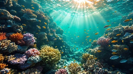 Obraz premium vibrant underwater scene with colorful corals and an array of tropical fish swimming around. Sunlight streams through the water, creating a radiant effect.
