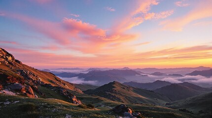 beautiful nature scene with vibrant colors and a mountainous landscape. The sky is filled with dramatic clouds, giving a sense of a sunrise or sunset.