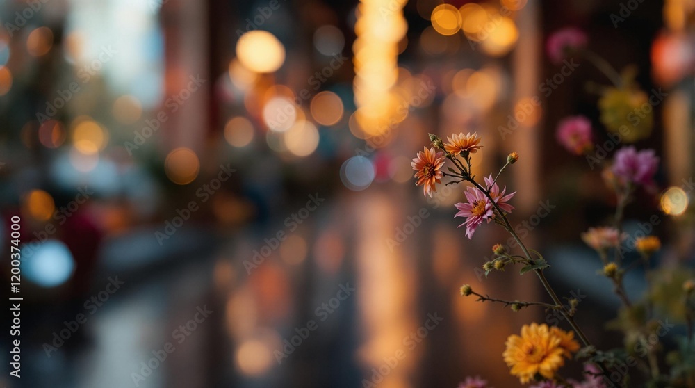 Poster close-up of a colorful flower arrangement in the foreground, with a blurred, bokeh effect background