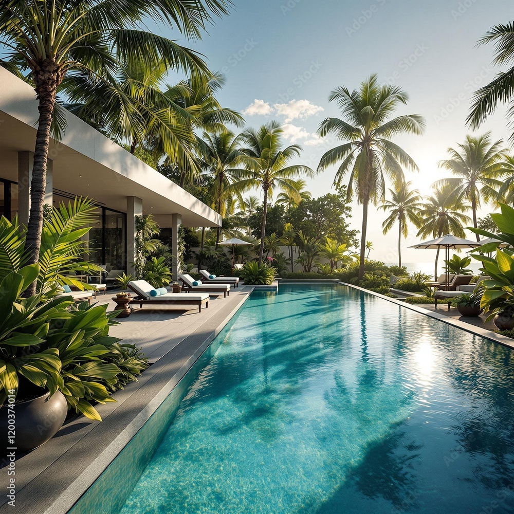 Poster luxurious outdoor pool area surrounded by lush palm trees and tropical vegetation. the pool is refle