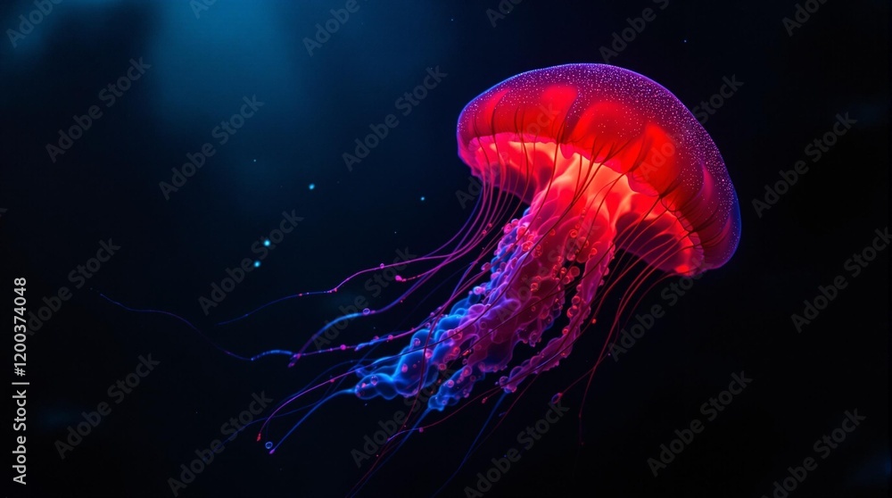 Poster vibrant, illuminated jellyfish with multiple tentacles glowing in shades of red and blue, floating i