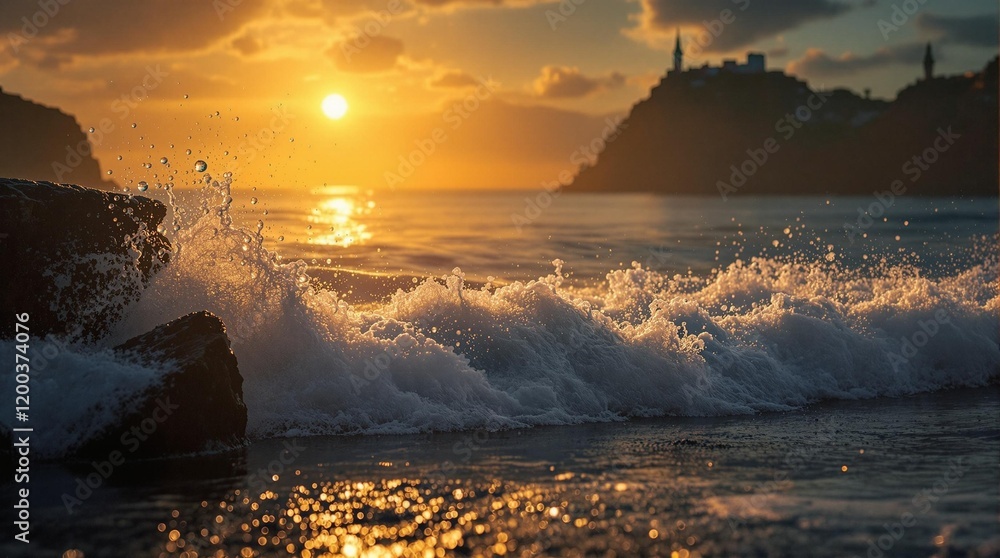 Poster stunning sunset over a coastal scene with waves crashing against rocks, reflecting the warm hues of 