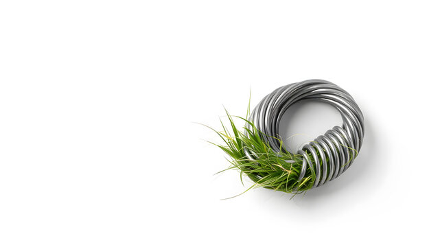 abstract shape with steel coil and grass, sustainable concept white background