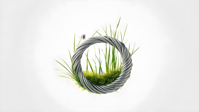 abstract shape with steel coil and grass, sustainable concept white background