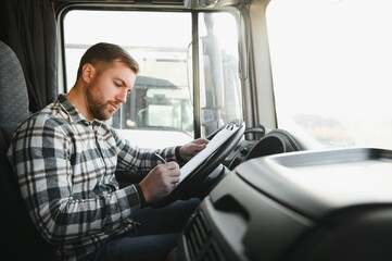 Logistics, delivery car and man with clipboard paperwork or checklist for stock, product...