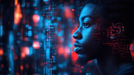 Young man contemplating technology against a backdrop of glowing data visuals in a modern setting