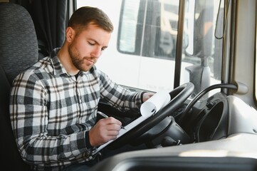 Logistics, delivery car and man with clipboard paperwork or checklist for stock, product...